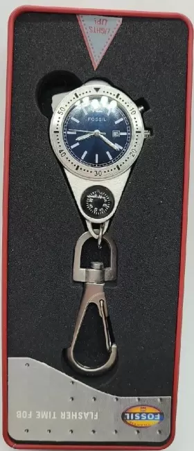 762346094166 FOSSIL Fob Watch Compass Clip Key Chain Flasher #2